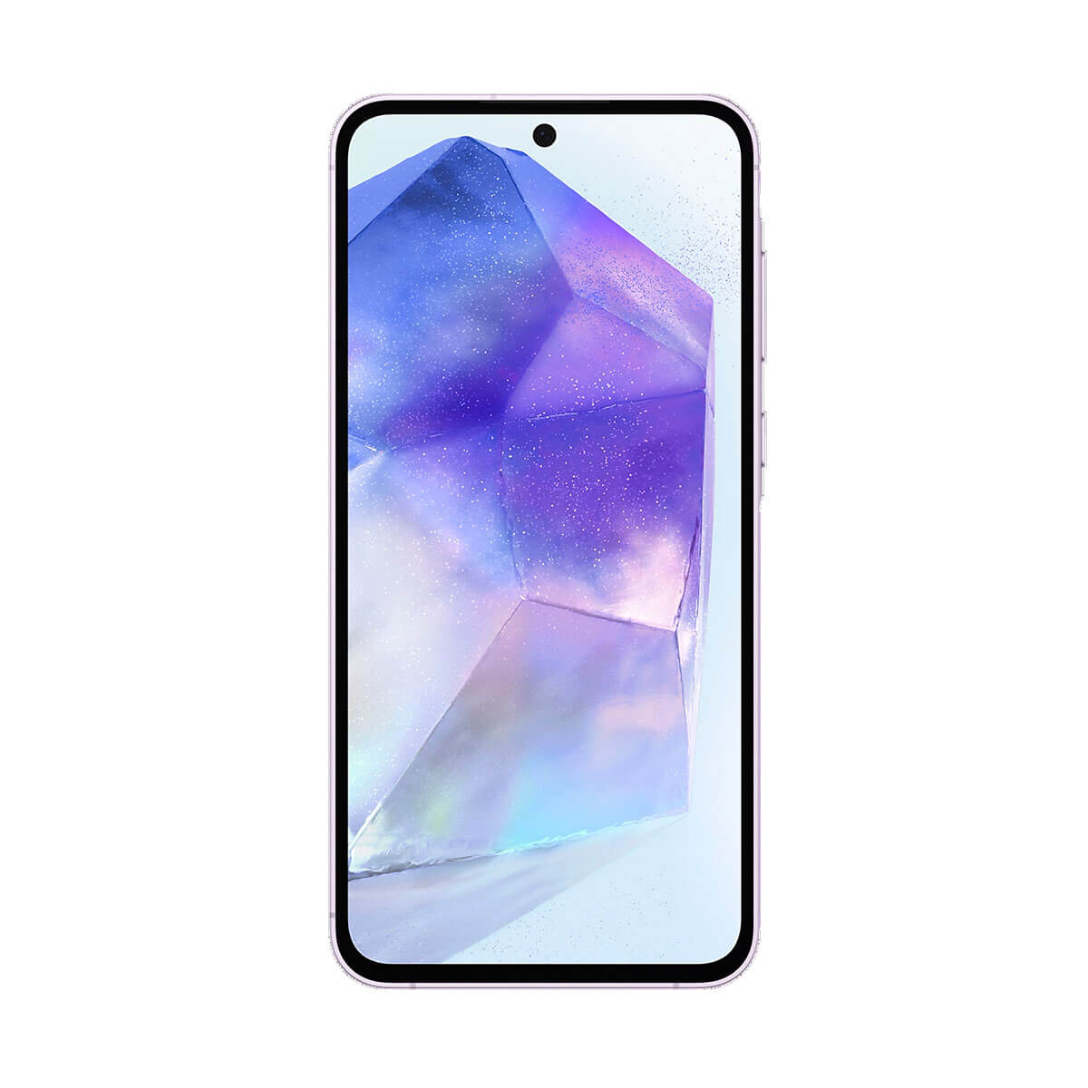Jasnoróżowy smartfon z fioletową tapetą z kryształu.
