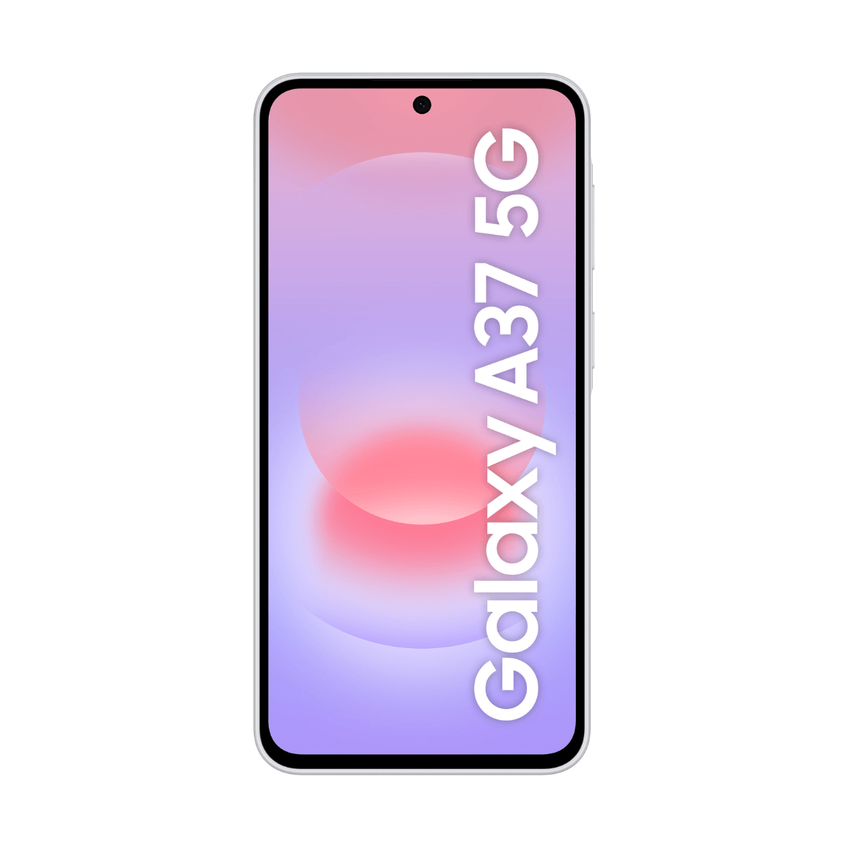 Ein silbernes Samsung Galaxy A37 5G Smartphone mit einem bunten Hintergrund.