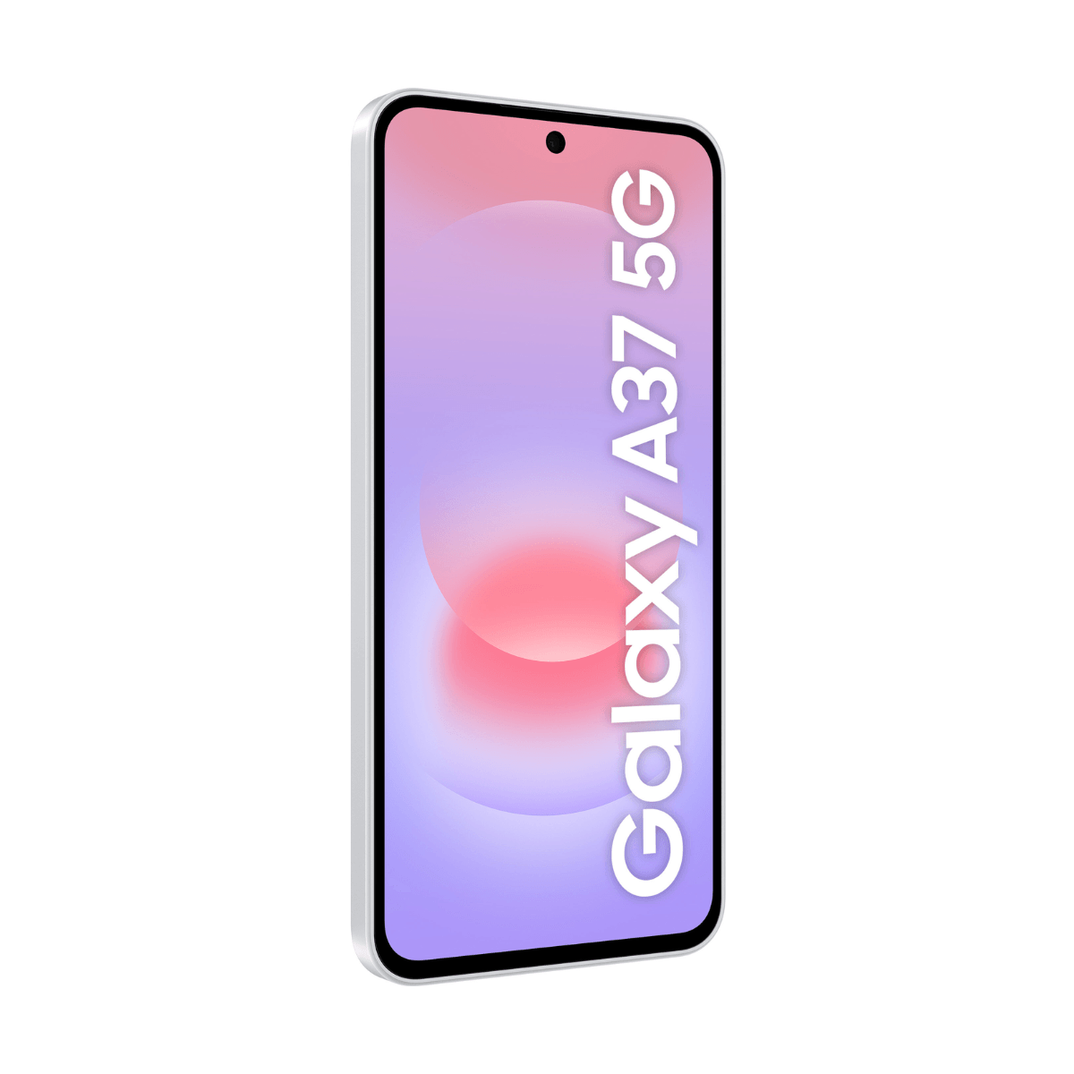 Ein silbernes Smartphone mit Galaxy A37 5G Schriftzug auf dem Bildschirm.
