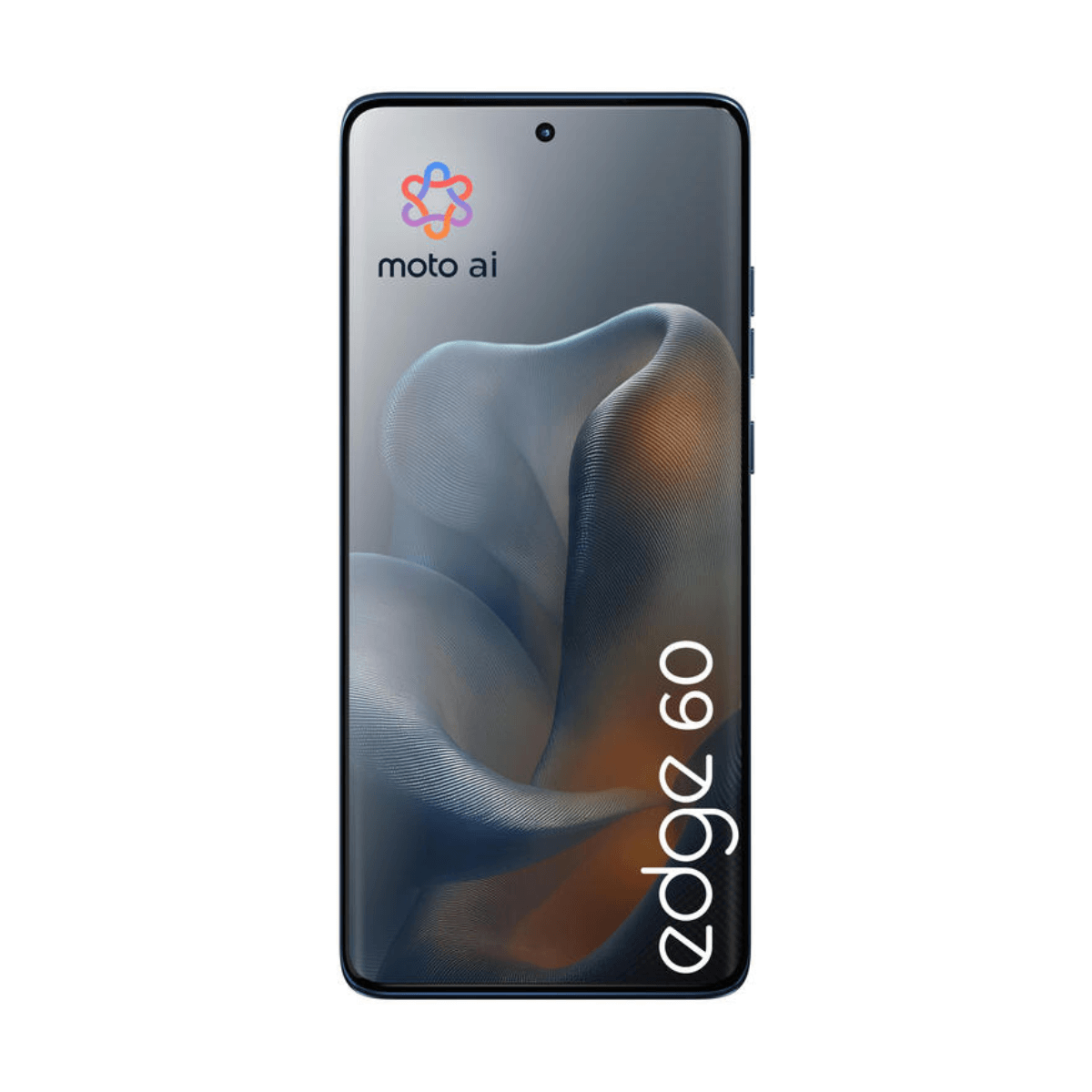 Donkerblauwe smartphone met Moto AI logo en "edge 60" tekst.