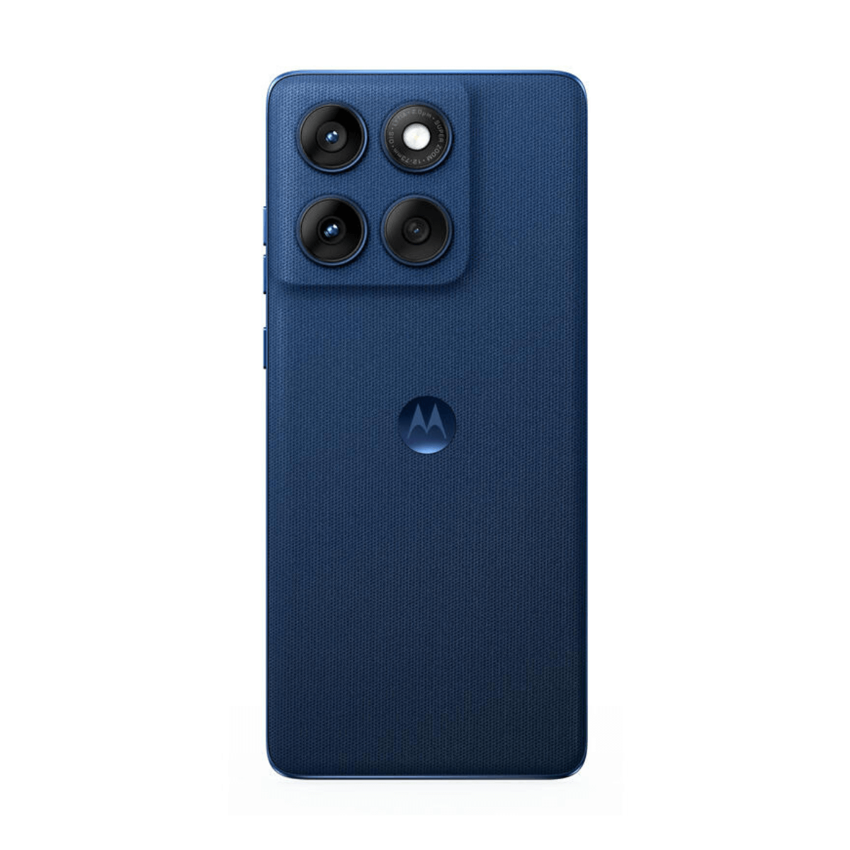 Achterkant van een donkerblauwe smartphone met viervoudige camera en Motorola-logo.