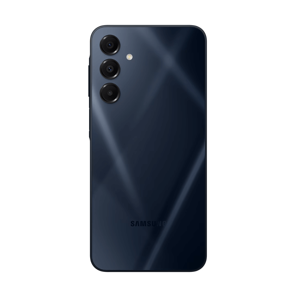 Dunkelblaues Samsung-Handy mit drei Rückkameras und Blitz. Samsung-Logo sichtbar.
