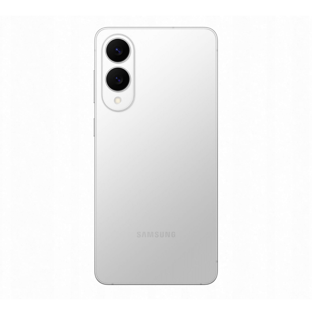 Een witte Samsung smartphone met twee cameralenzen op de achterkant.