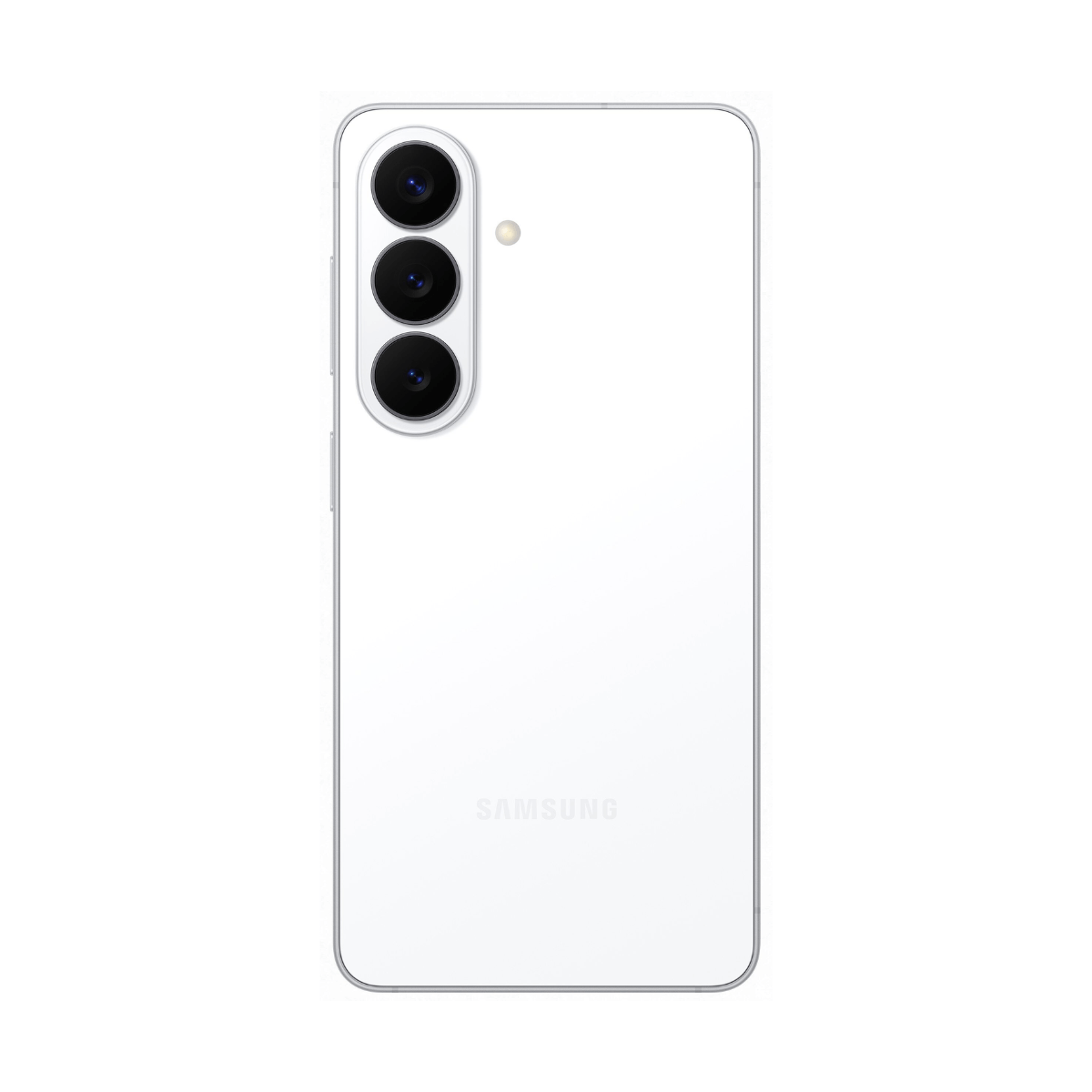 Rückseite eines weißen Samsung Smartphones mit drei vertikalen Kameralinsen.