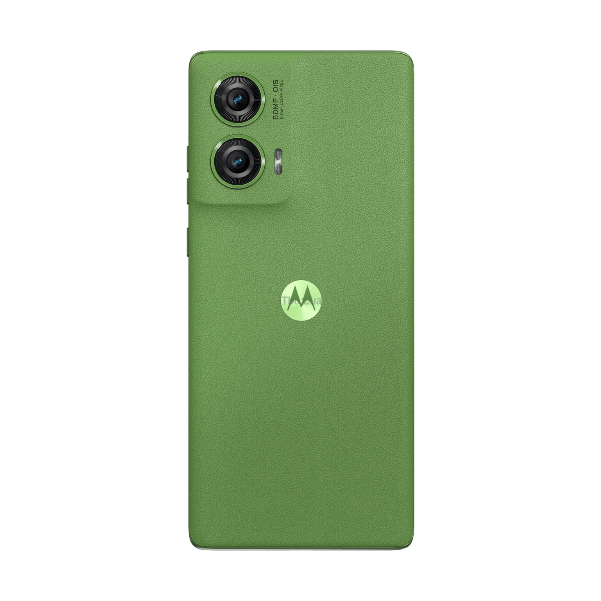 Groene smartphone met twee camera's en Motorola-logo.