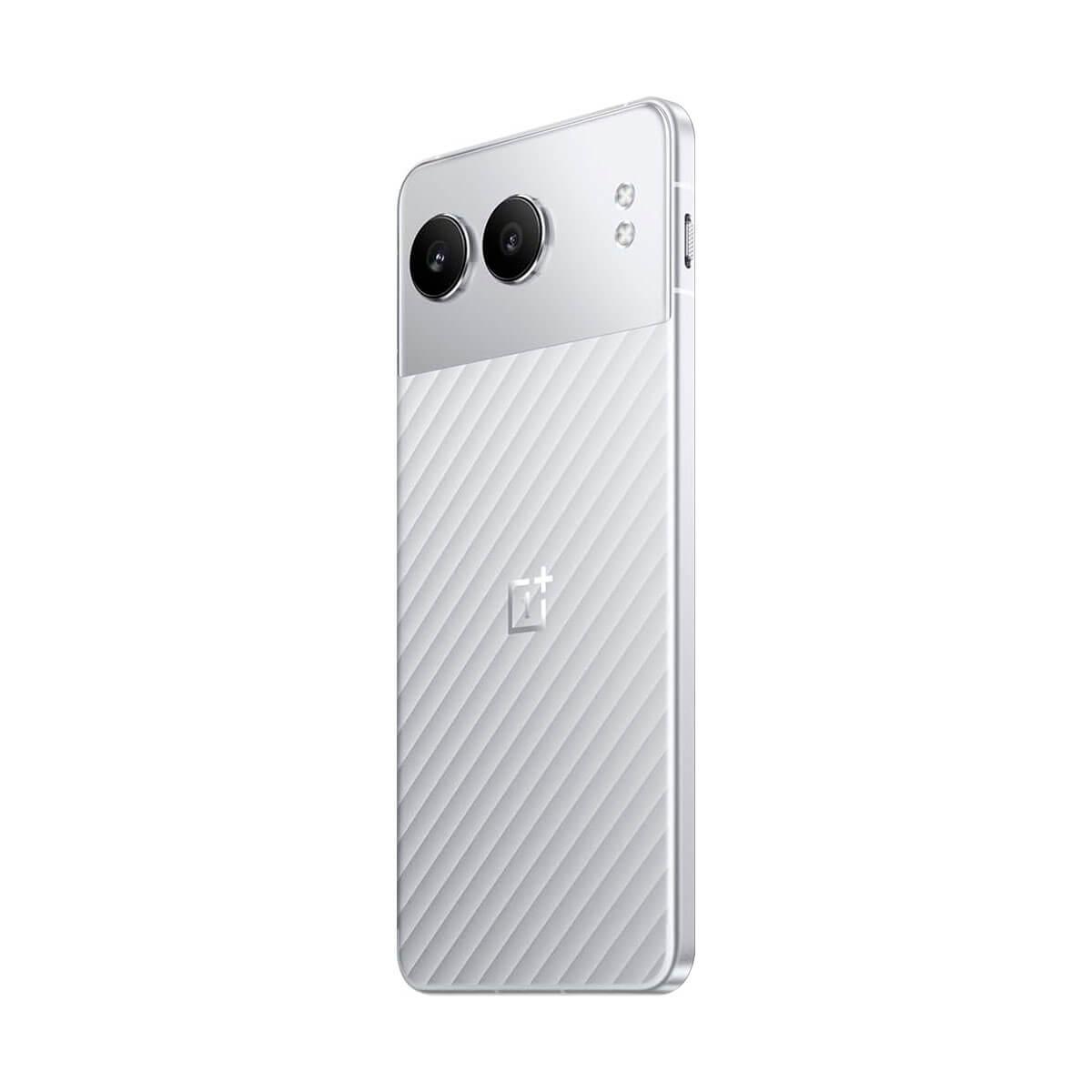 Een zilveren smartphone met twee camera's aan de achterkant en een geribbeld patroon.