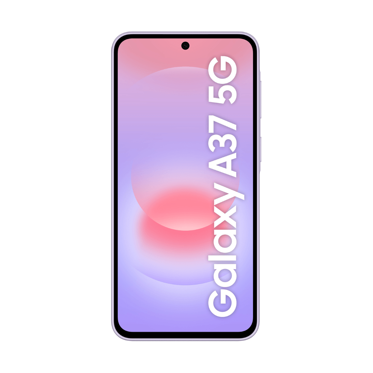 Ein lila Samsung Galaxy A37 5G Smartphone, vertikal ausgerichtet, mit einem Farbverlauf auf dem Bildschirm.