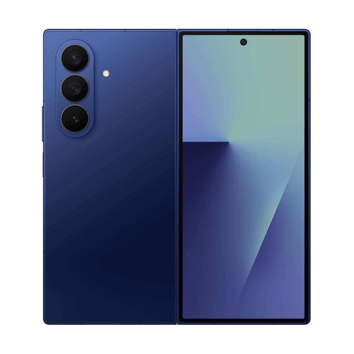 Telefono pieghevole blu con tre fotocamere posteriori e schermo aperto.