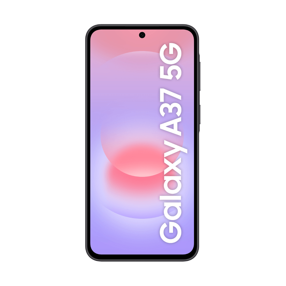 Schwarzes Smartphone mit lila/rotem Hintergrund und 'Galaxy A37 5G' Schriftzug.