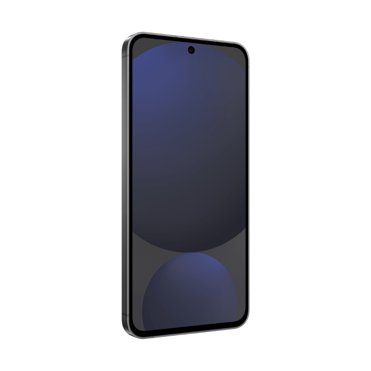 Ein graues Smartphone mit einem dunklen Bildschirm, das auf weißem Hintergrund steht.