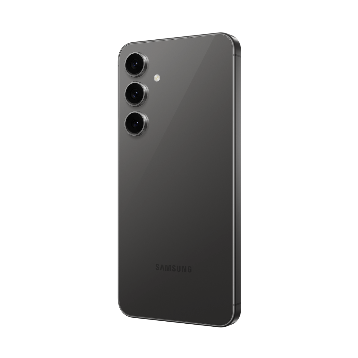Dunkelgraues Smartphone mit drei Kameras auf der Rückseite, Samsung-Logo.