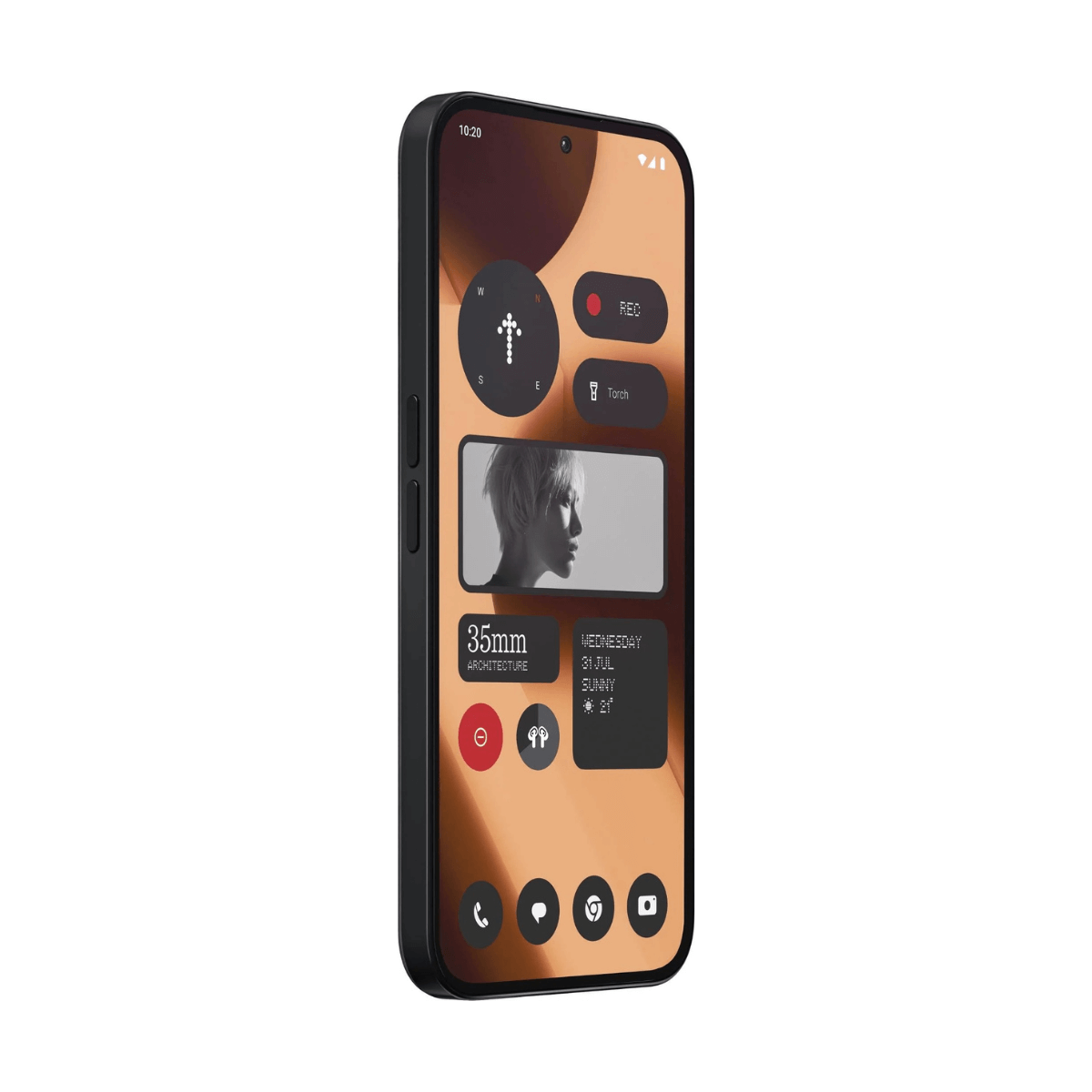 Telefon pusula, REC, Fener, fotoğraf ve hava durumu widget'ı ile ana ekranı gösteriyor.