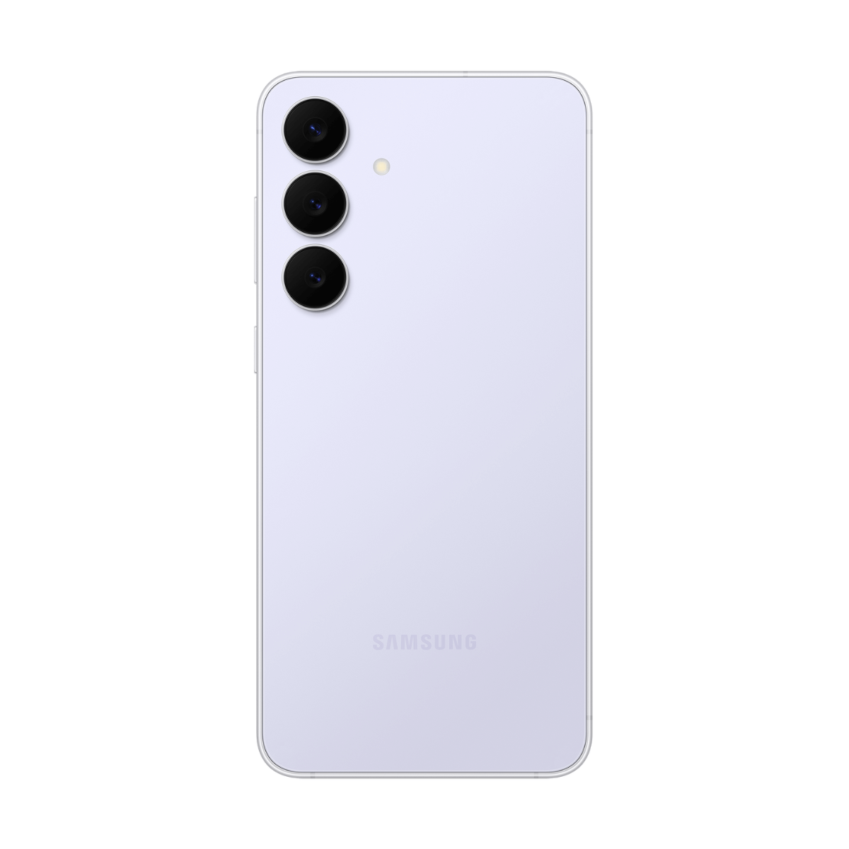 Jasnofioletowy smartfon Samsung z trzema tylnymi aparatami i lampą błyskową.