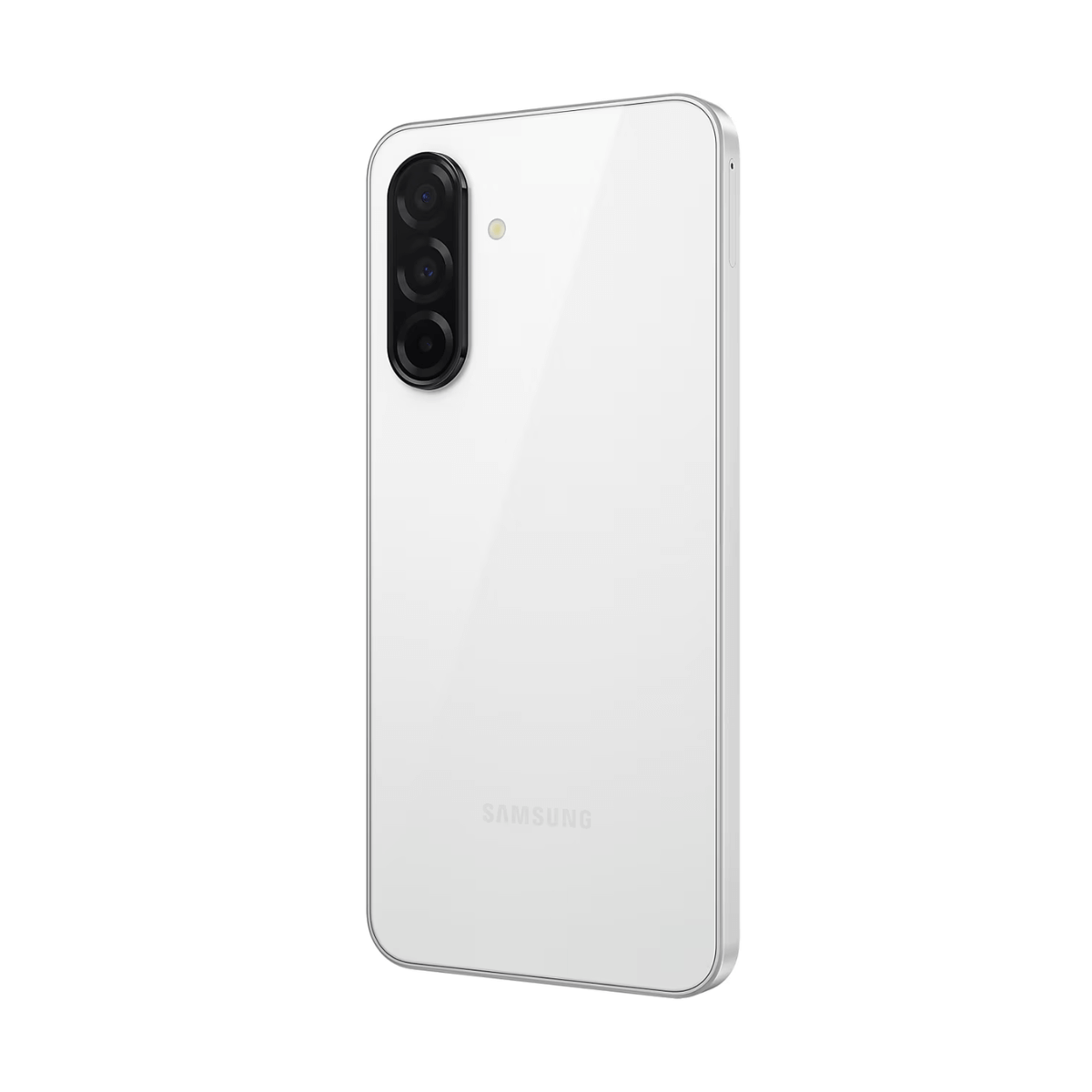 Biały tył smartfona z trzema aparatami i logo Samsung.