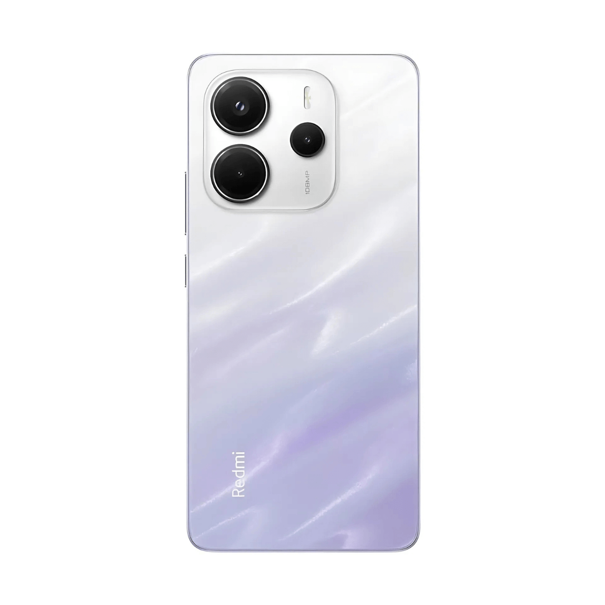 Tył białego smartfona z fioletowymi pasami i trzema aparatami.