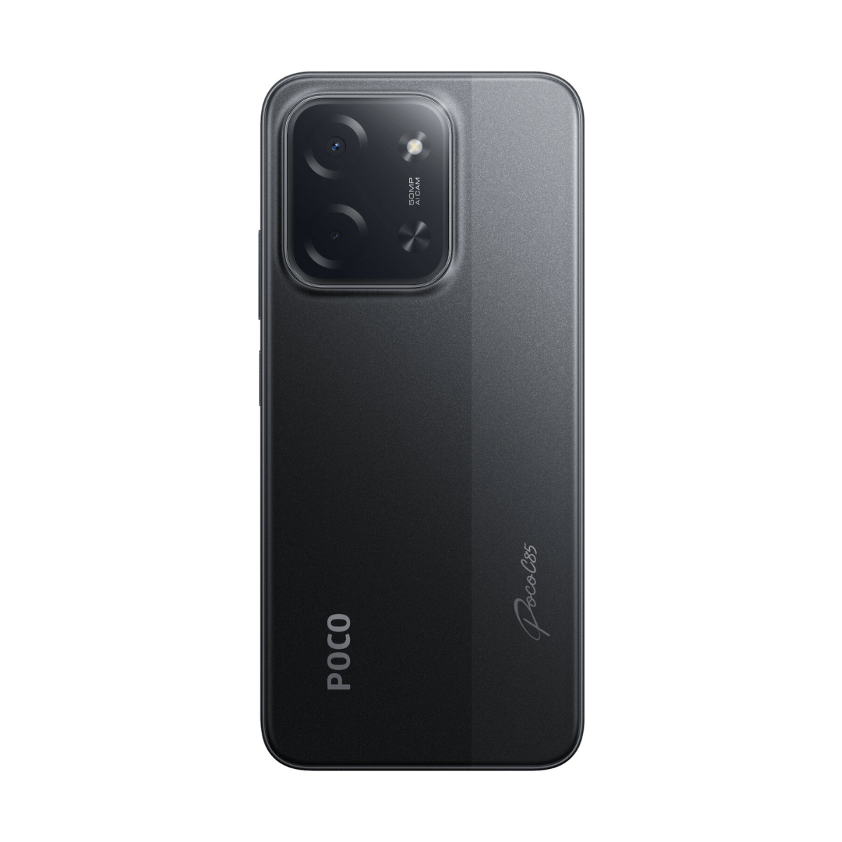 Achterkant van een zwarte Poco smartphone met camera's en logo.