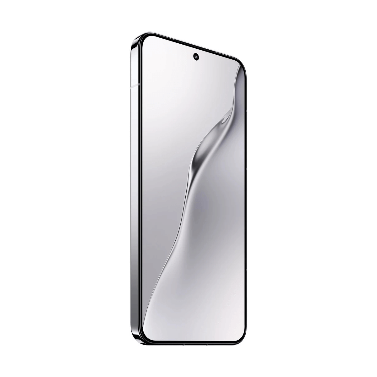 Srebrny smartfon z wzorem fali na ekranie.