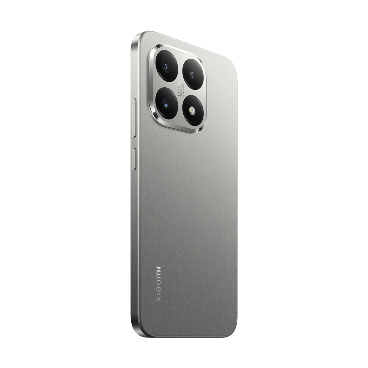 Zilveren smartphone met viervoudige Leica camera. Xiaomi-logo onderaan.