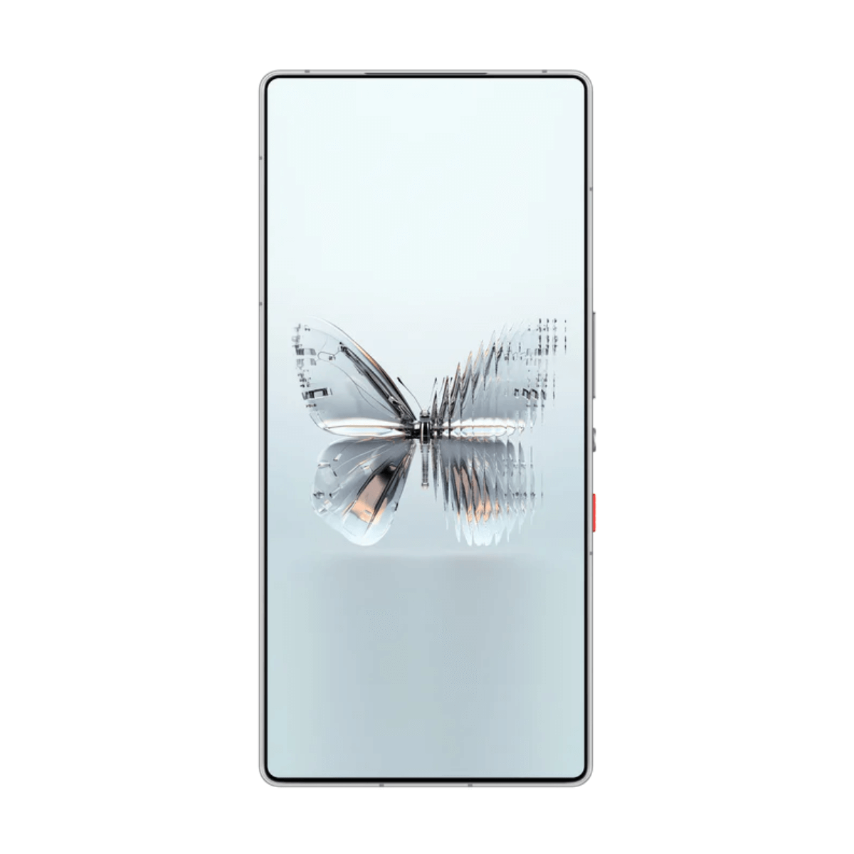 Ein Smartphone mit einem Schmetterlings-Hintergrundbild. Ein Schmetterling aus Glas.