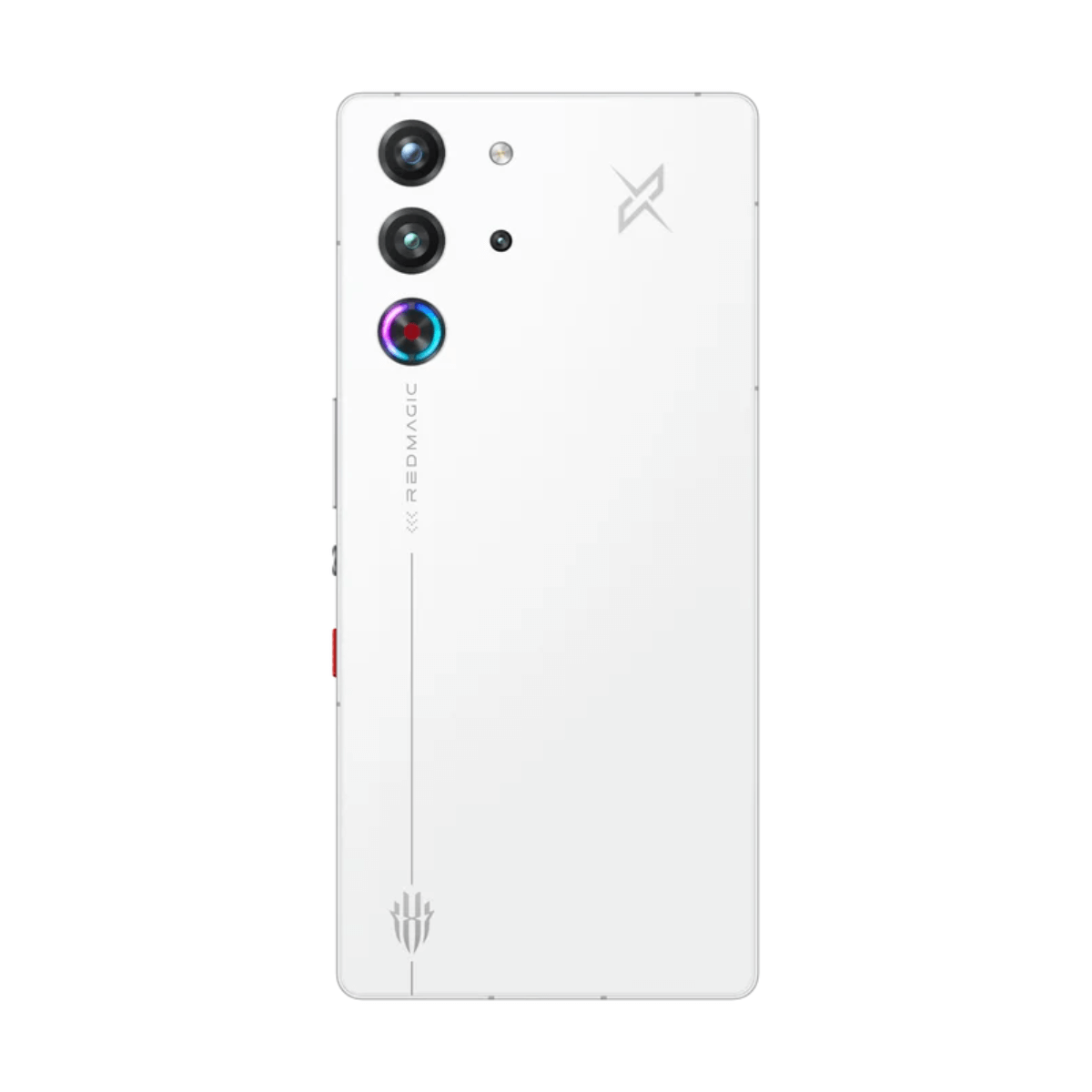 Weiße Smartphone-Rückseite mit drei Kameras und RGB-Akzent.