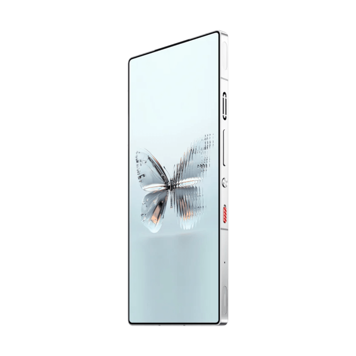 Ein silbernes Smartphone zeigt einen transparenten, metallischen Schmetterling auf seinem Bildschirm.