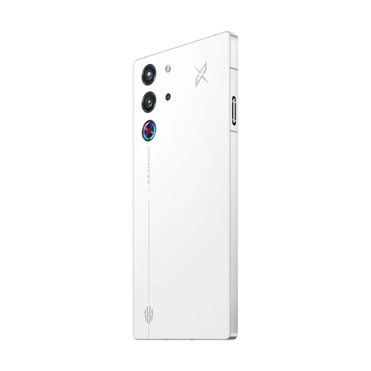 Weißes Smartphone mit Dreifachkamera, RedMagic-Logo und silbernen Akzenten.
