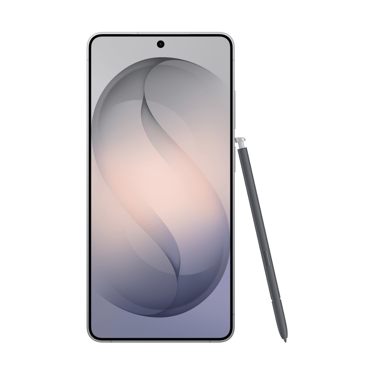 Uno stilo grigio accanto a uno smartphone con uno sfondo astratto.