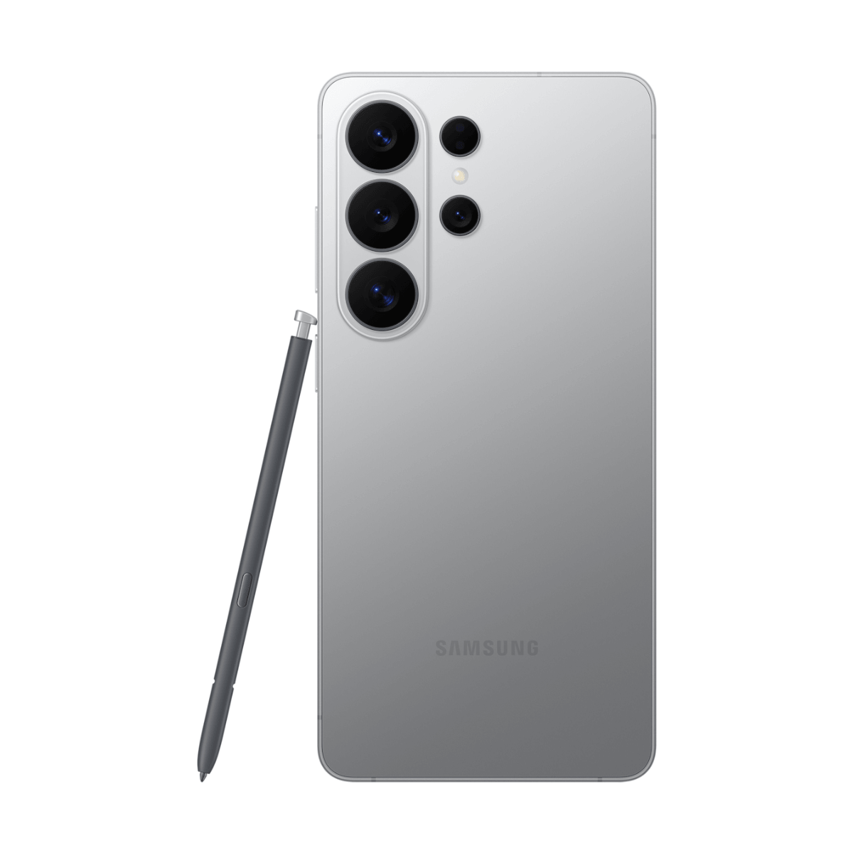 Uno smartphone Samsung argentato con stilo e quattro fotocamere posteriori.
