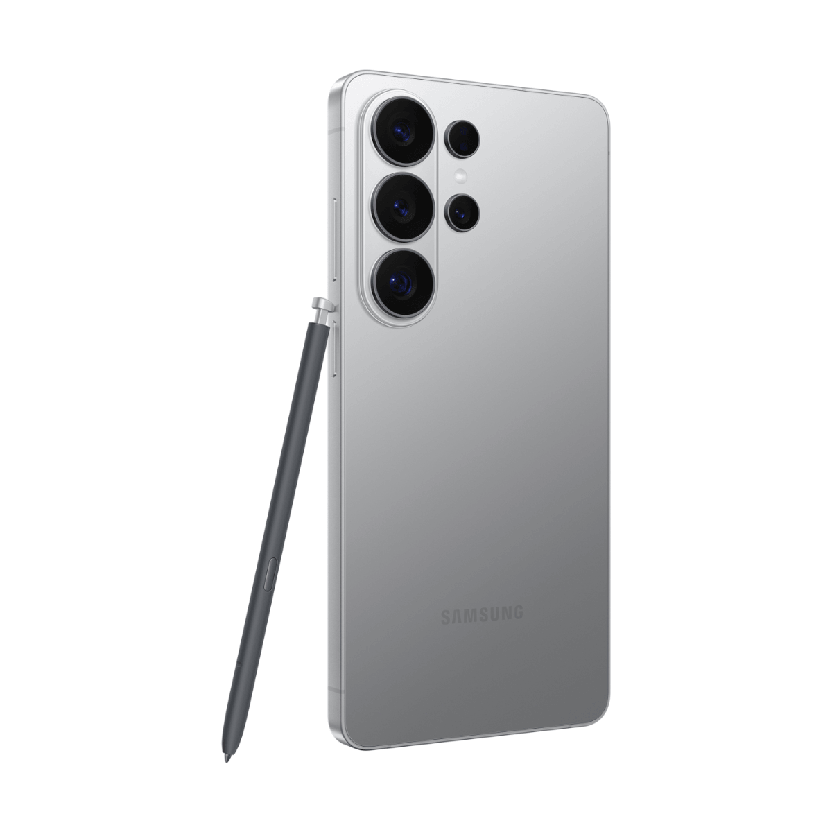 Smartphone Samsung argentato con pennino e quattro fotocamere su sfondo bianco.