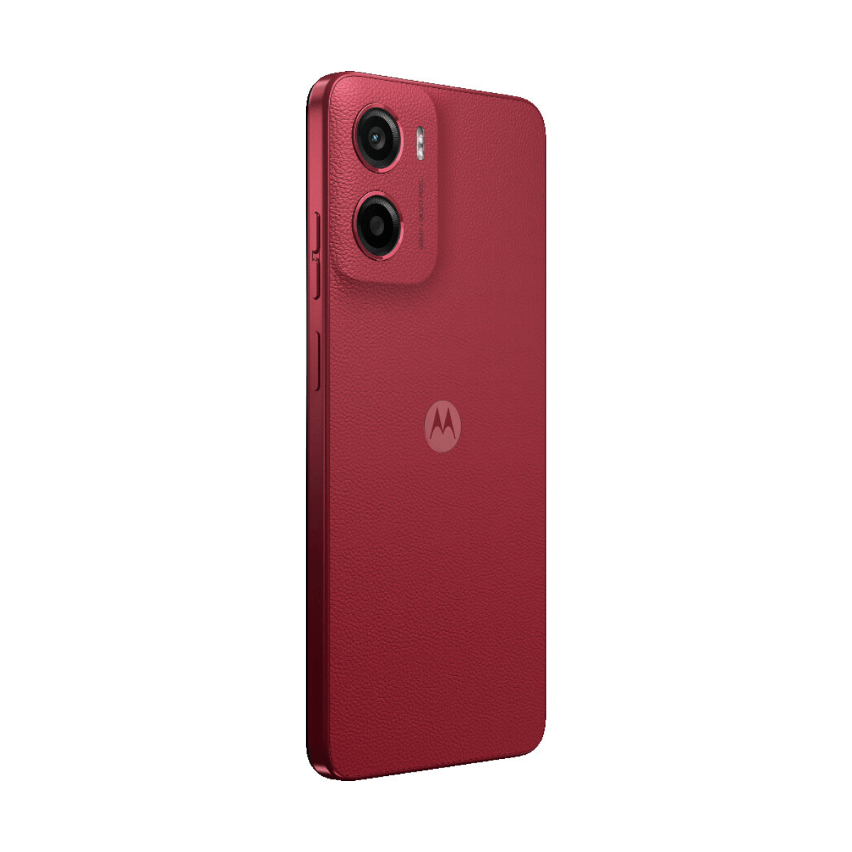 Rotes Motorola Smartphone-Rückseite, Dual-Kameras und Logo. Weißer Hintergrund.