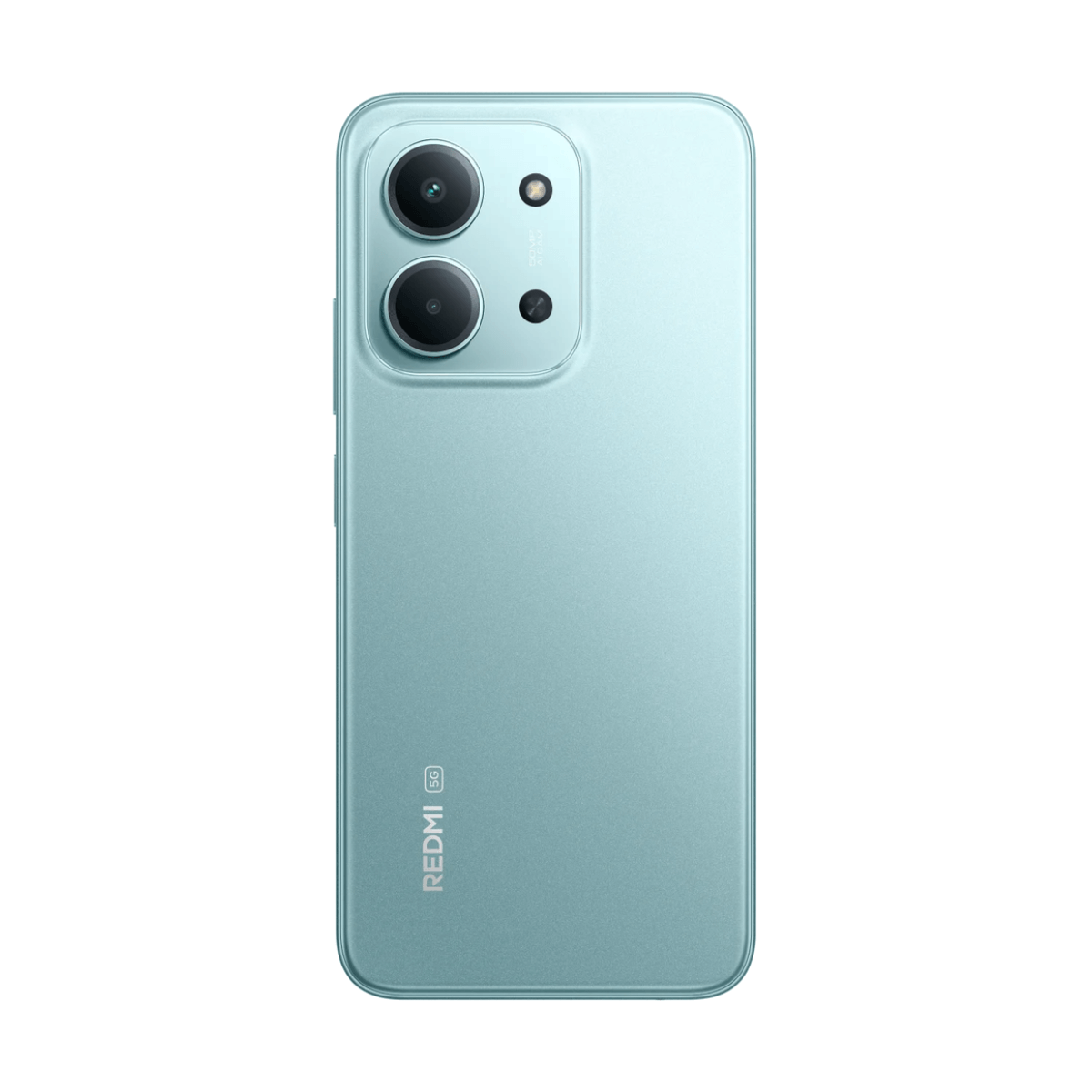 Rückseite eines türkisfarbenen Smartphones mit drei Kameras und Redmi 5G-Logo.