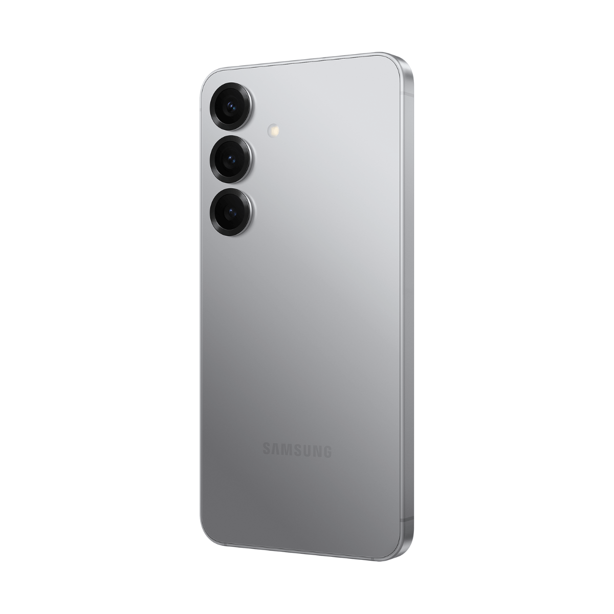 Tył srebrnego smartfona Samsung z trzema aparatami i lampą błyskową.