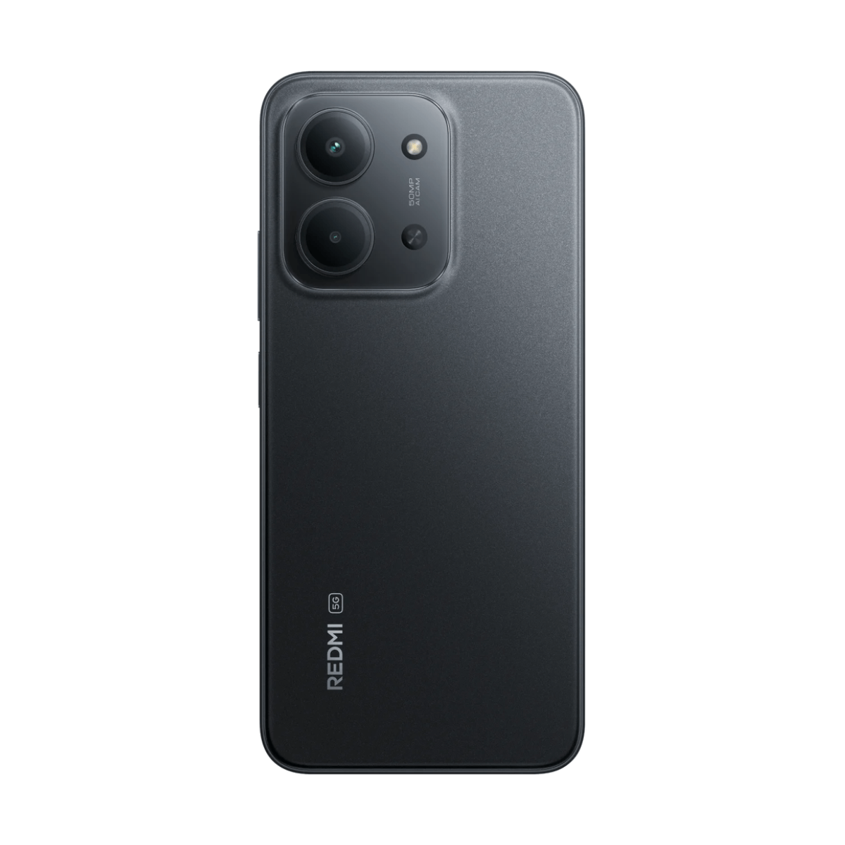 Parte trasera de un smartphone Redmi 5G oscuro con dos lentes de cámara y flash.