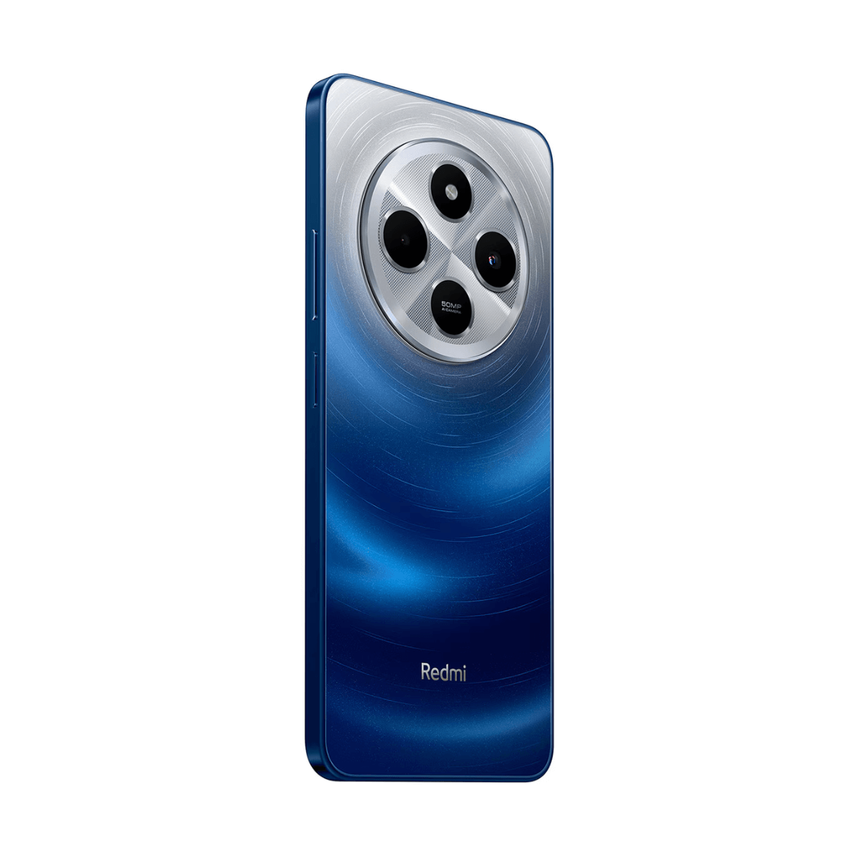 Parte trasera de un smartphone azul con cuatro cámaras y logo Redmi.