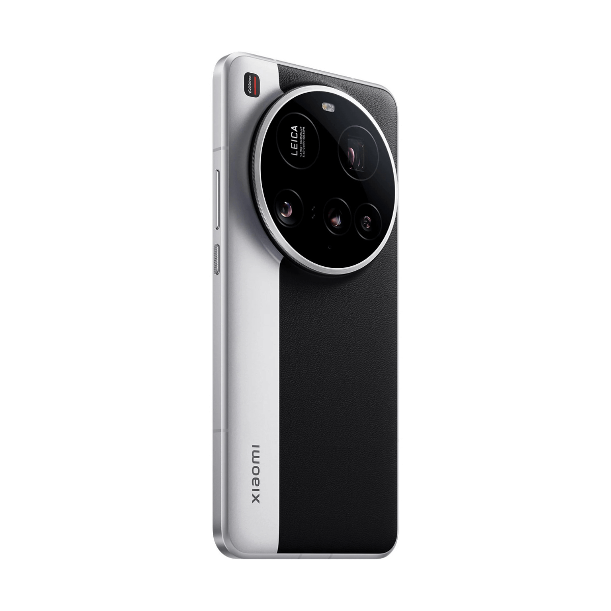 Rückseite eines zweifarbigen Smartphones mit vier Kameras und Leica-Branding.