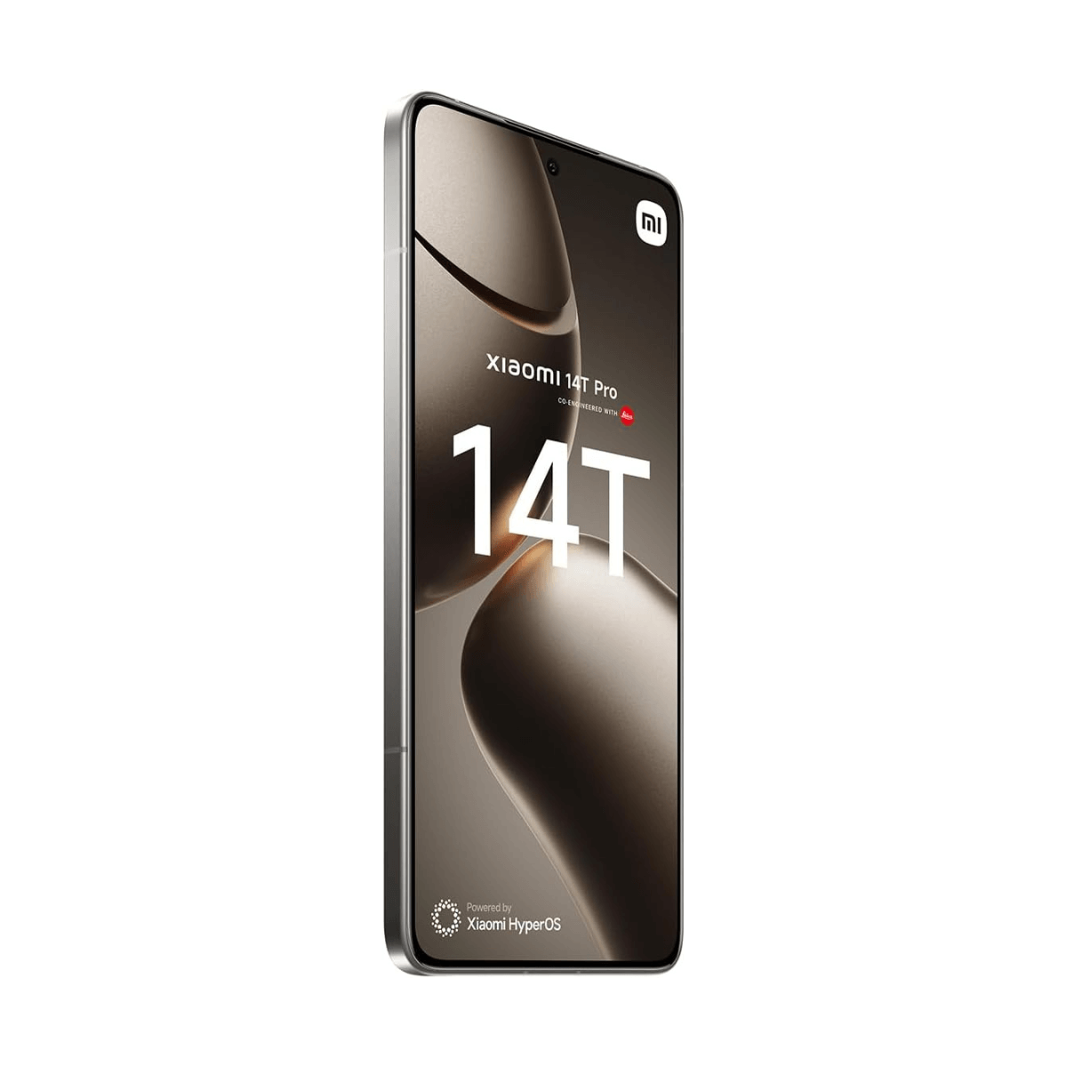 Telefon Xiaomi 14T Pro z napisem "14T" na ekranie, logo Leica i Xiaomi HyperOS.