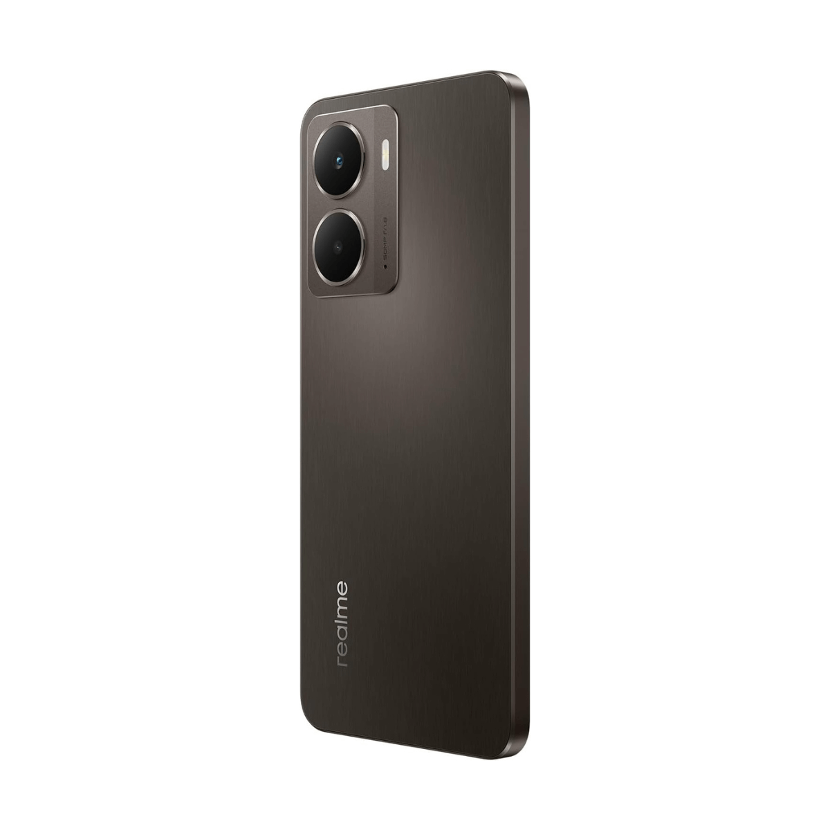 Un smartphone Realme gris oscuro se muestra en ángulo lateral, mostrando su configuración de cámara dual.