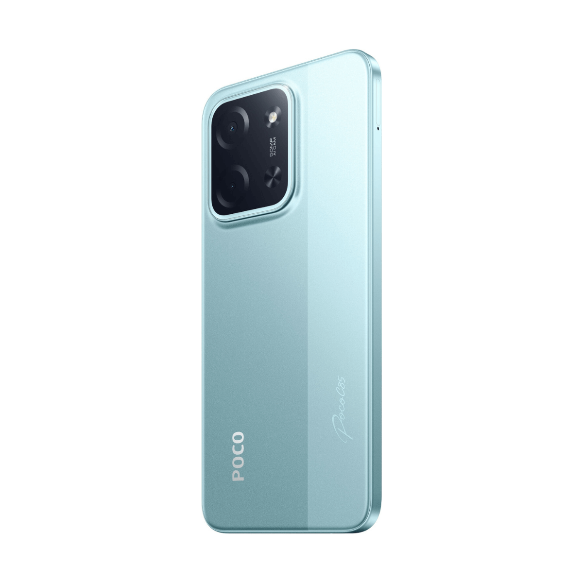 Turkusowy smartfon z logo POCO i aparatem AI 50MP.