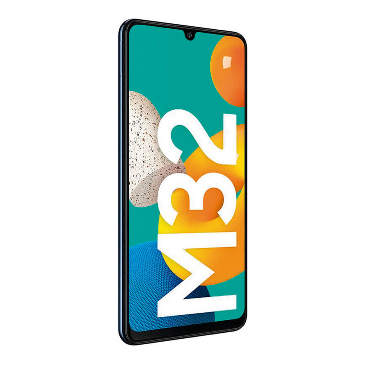 Uno smartphone Samsung con testo M32 e forme colorate.