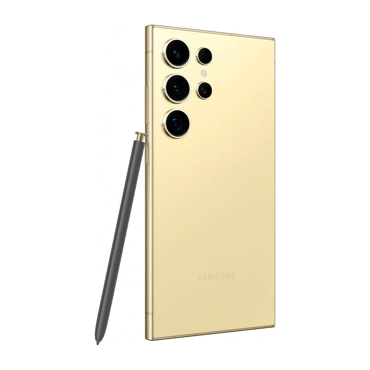 Złoty smartfon Samsung z rysikiem i czterema aparatami na białym tle.