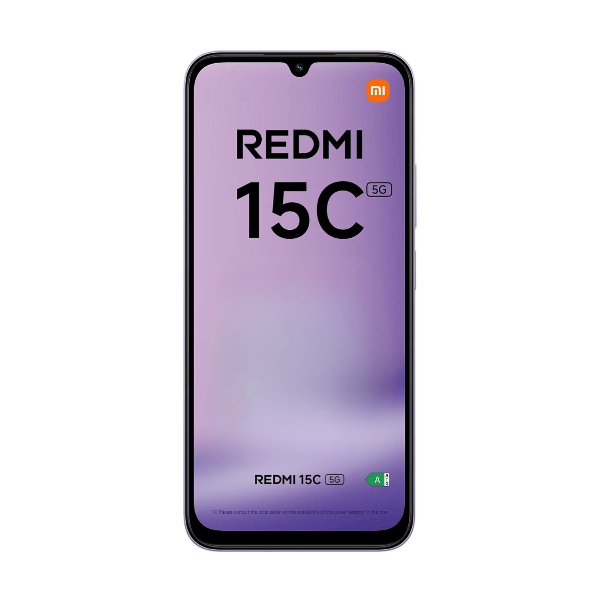 Telefono viola Redmi 15C 5G con logo Mi. Testo al centro.