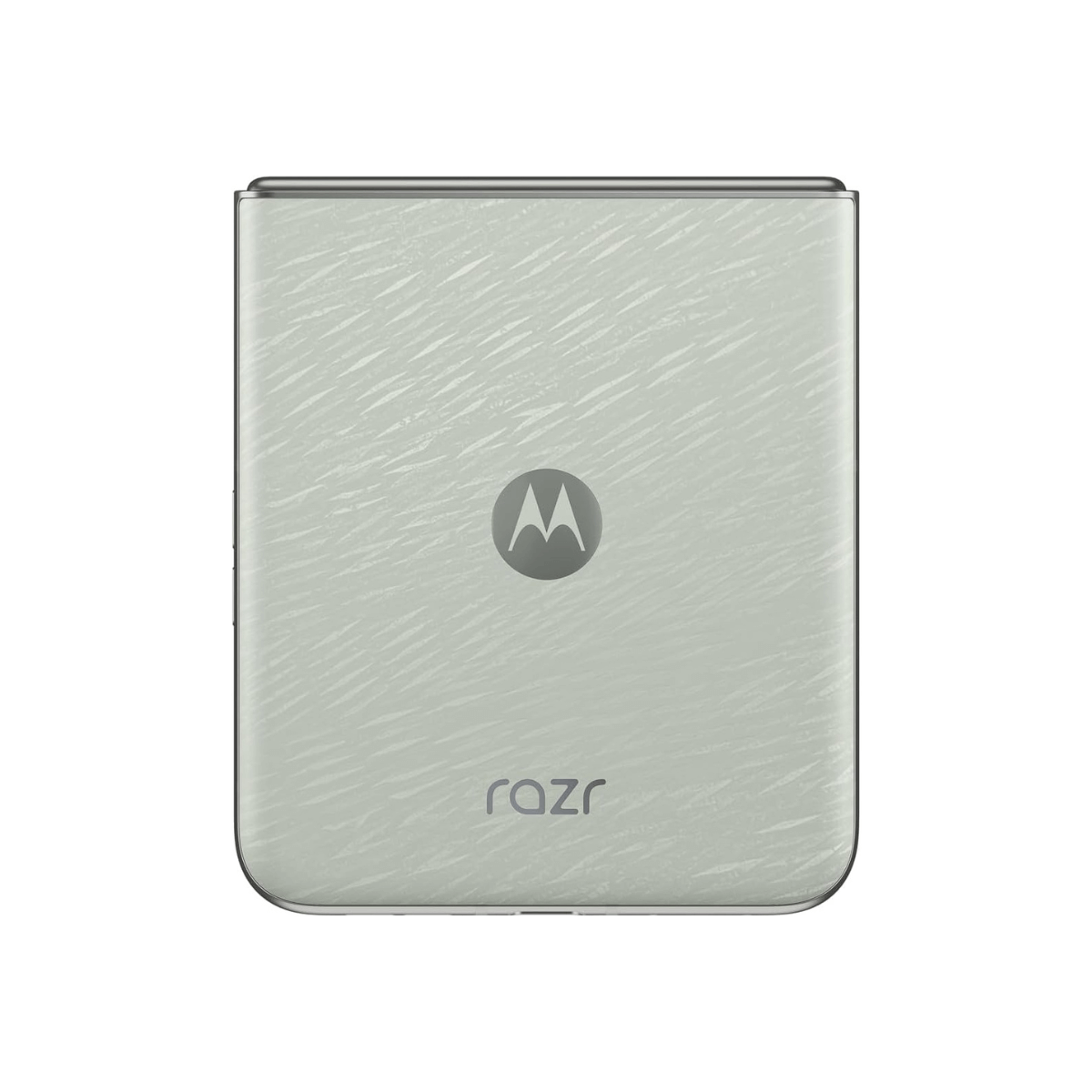 Zamknięty, jasnoszary telefon składany Motorola Razr z teksturowanym wykończeniem i srebrnym logo Motorola.