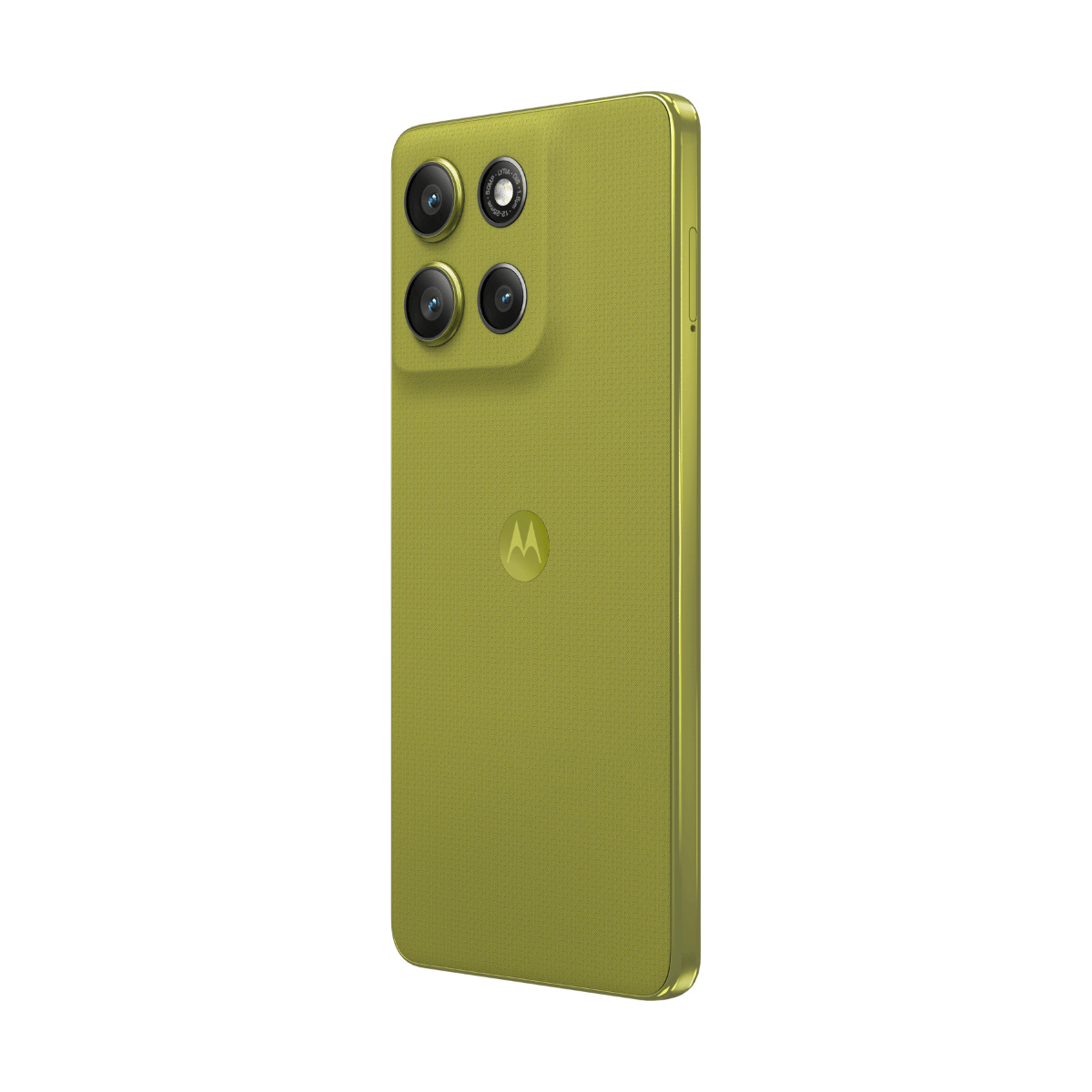 A lime green smartphone with a textured back and triple camera setup, on a white background.