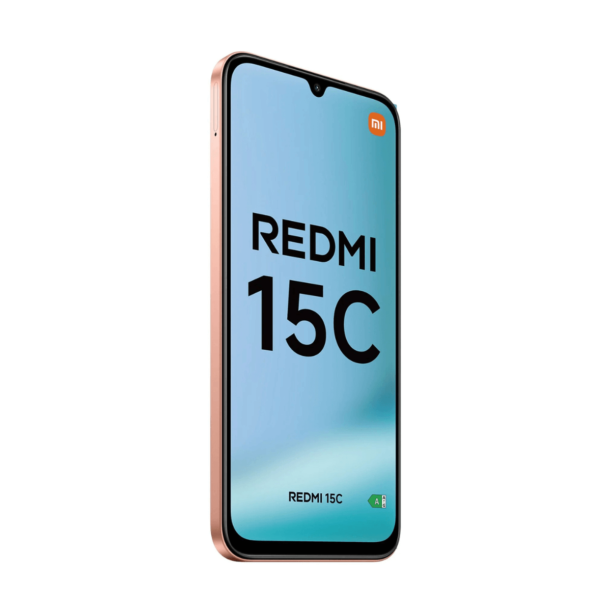 Ein roségoldenes Smartphone mit dem Schriftzug REDMI 15C auf dem Bildschirm.