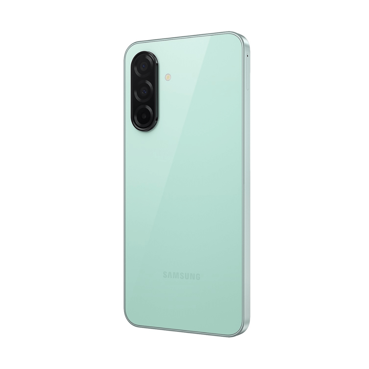 Rückseite eines mintgrünen Smartphones mit drei Kameras und Samsung-Logo.