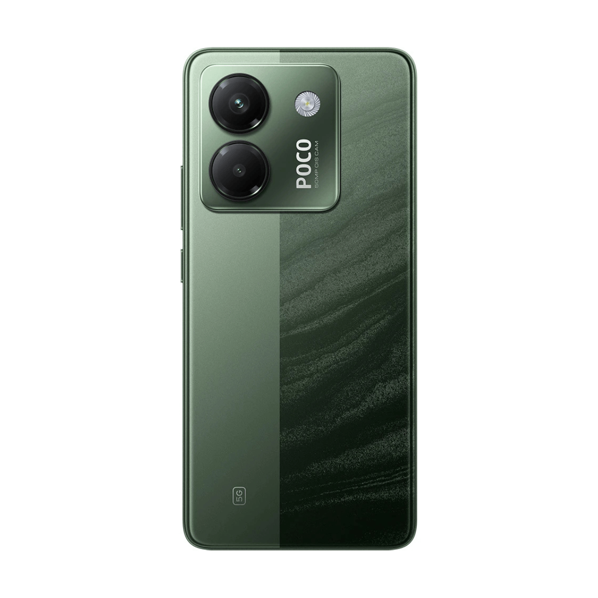 Parte trasera de un smartphone verde con logo POCO y símbolo 5G.