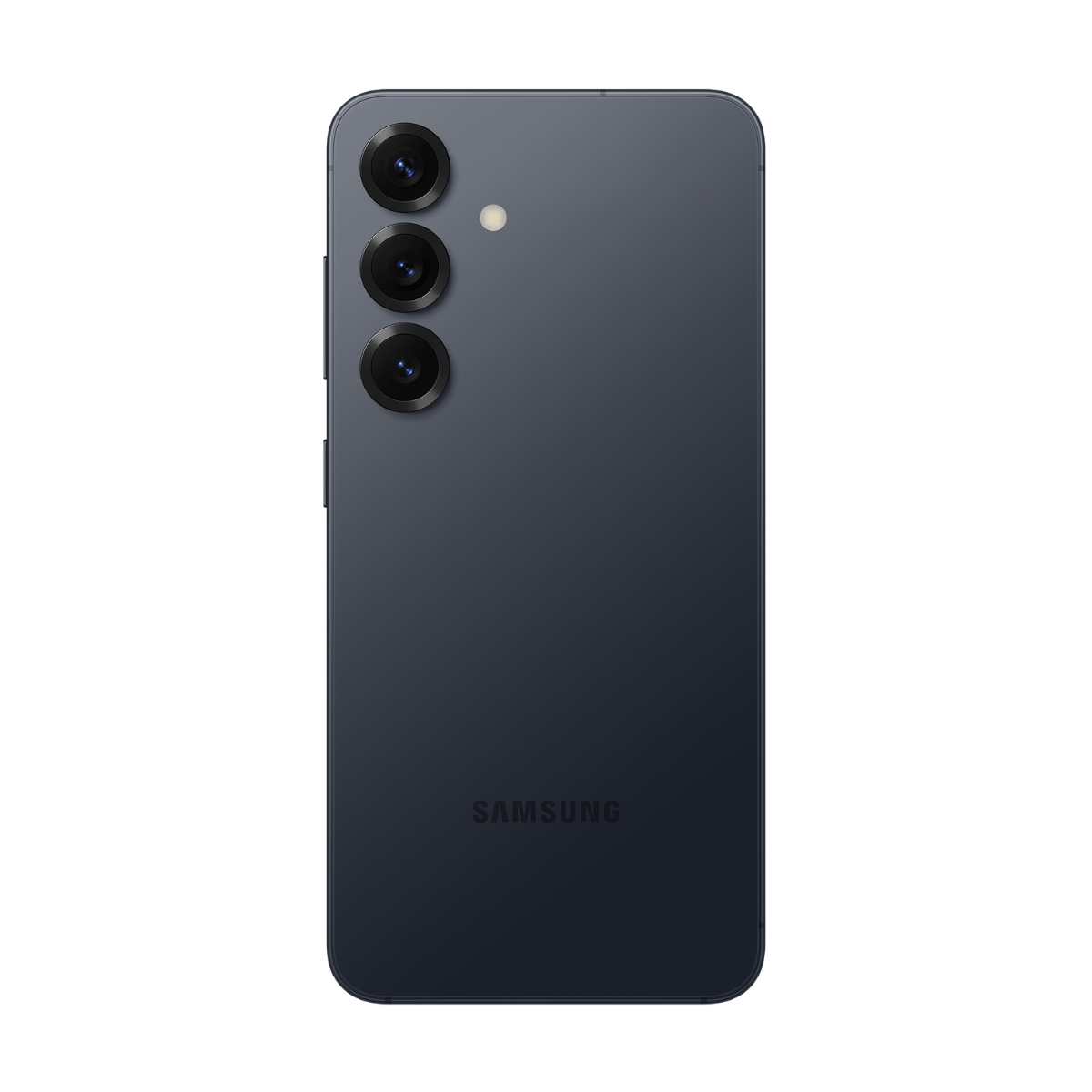 Rückseite eines dunklen Samsung-Smartphones mit drei vertikalen Kameralinsen und Blitz.