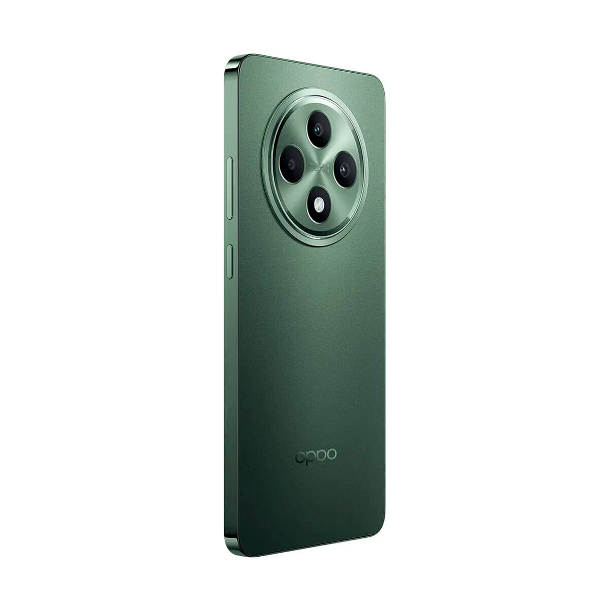 Teléfono inteligente verde oscuro con configuración de cuatro cámaras y marca discreta.