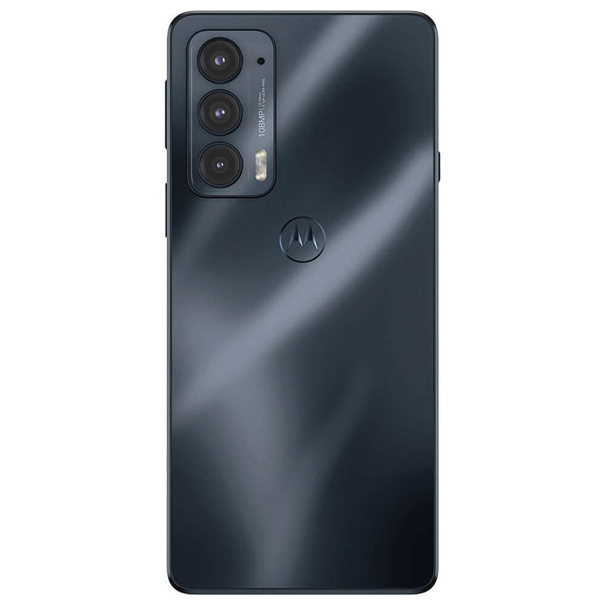 Ciemnoszary smartfon Motorola z aparatem 108MP i logo M na tylnej obudowie.