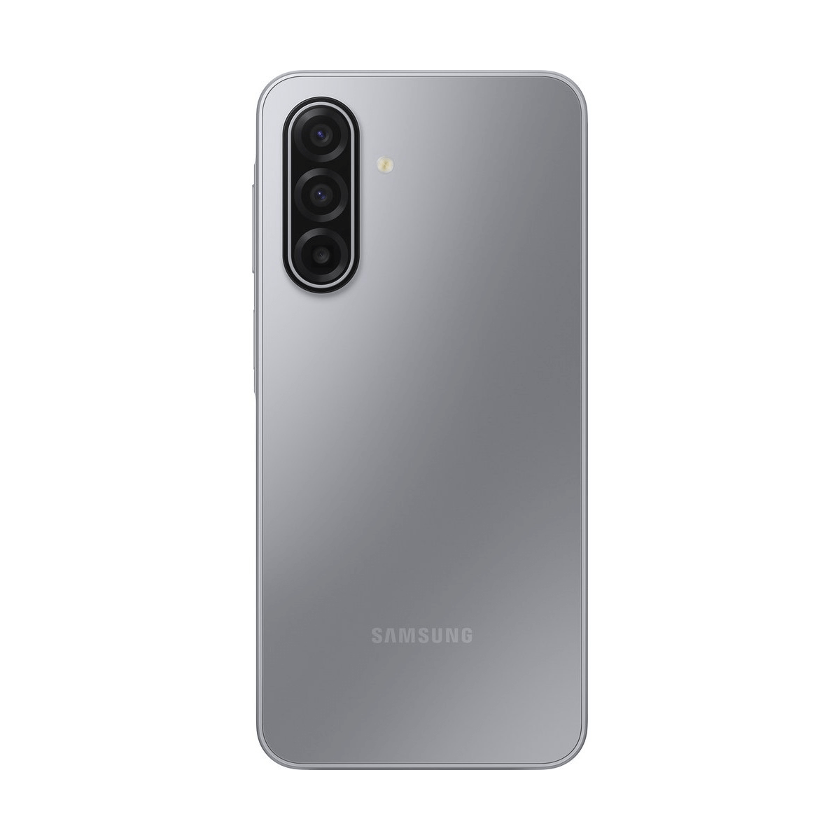 Tył srebrnego smartfona Samsung z trzema aparatami i lampą błyskową.